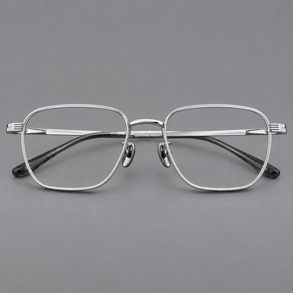 Deep square titanium glasses with a flatter brow and grooved outer shoulders in Silver, front view additional product view