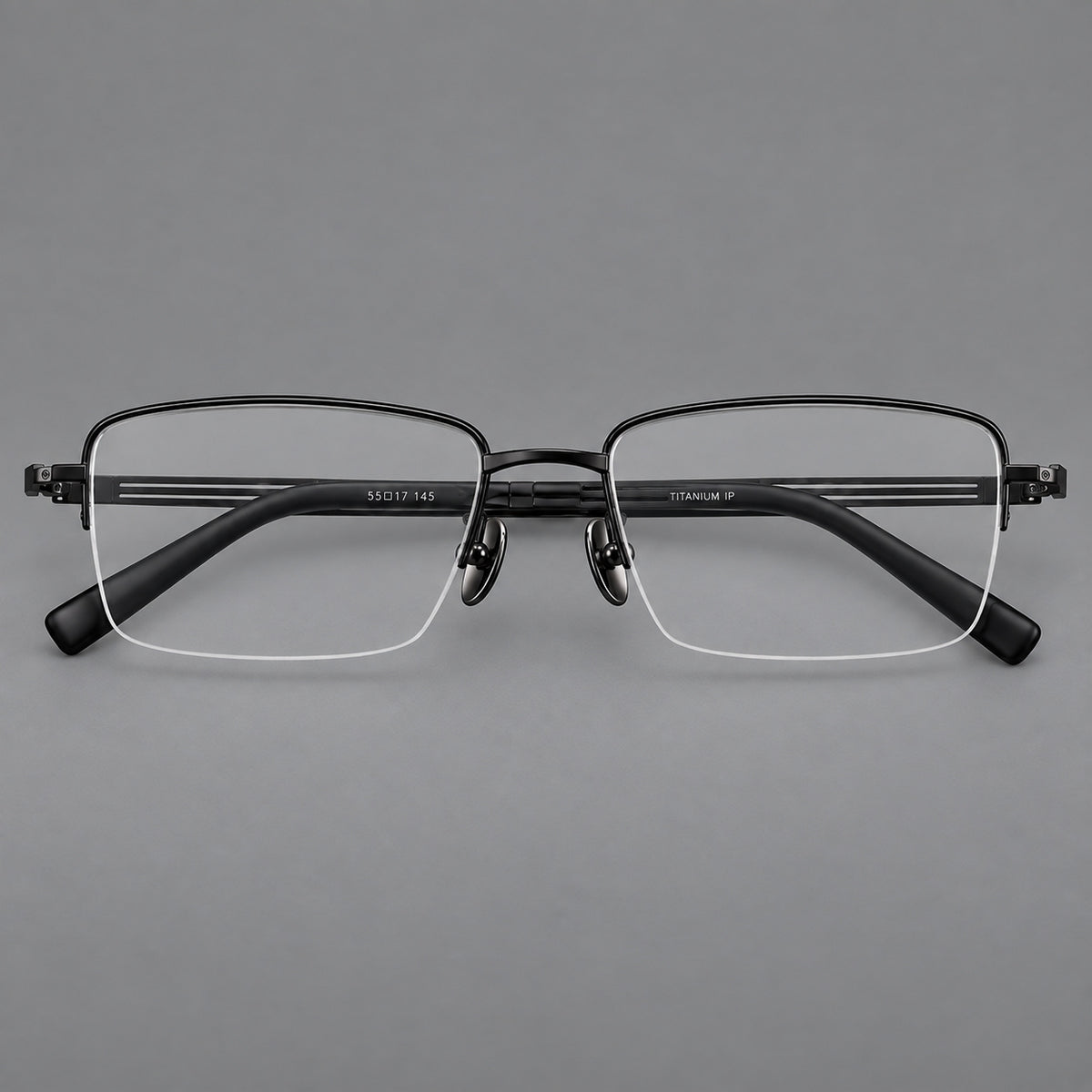 Classic half frame titanium glasses with rectangular lenses and lined temples in Black, front view