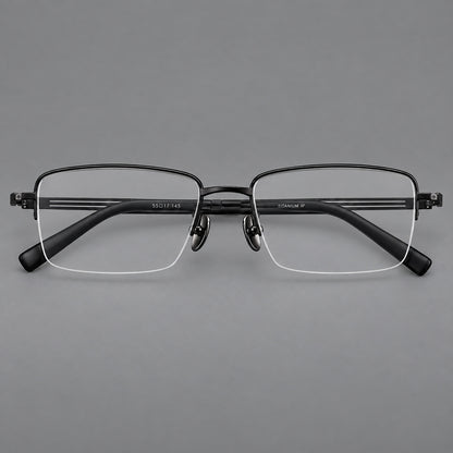 Classic half frame titanium glasses with rectangular lenses and lined temples in Black, front view side view