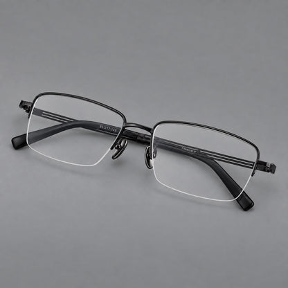 Classic half frame titanium glasses with rectangular lenses and lined temples in Black, three quarter view