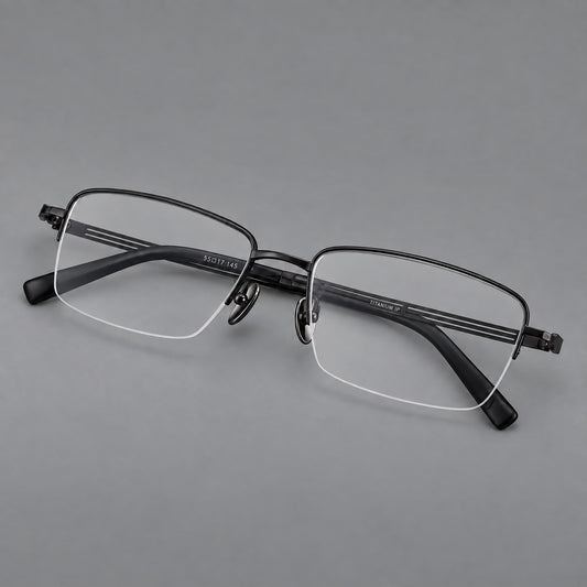 Classic half frame titanium glasses with rectangular lenses and lined temples in Black, three quarter view