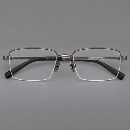 Classic half frame titanium glasses with rectangular lenses and lined temples in Gunmetal, front view frame detail