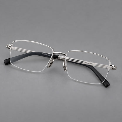 Classic half frame titanium glasses with rectangular lenses and lined temples in Silver, three quarter view additional product view