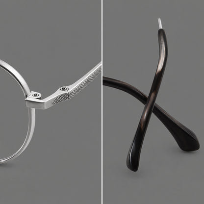 Compact round titanium glasses with an arched bridge and textured temple accents, frame details additional product view