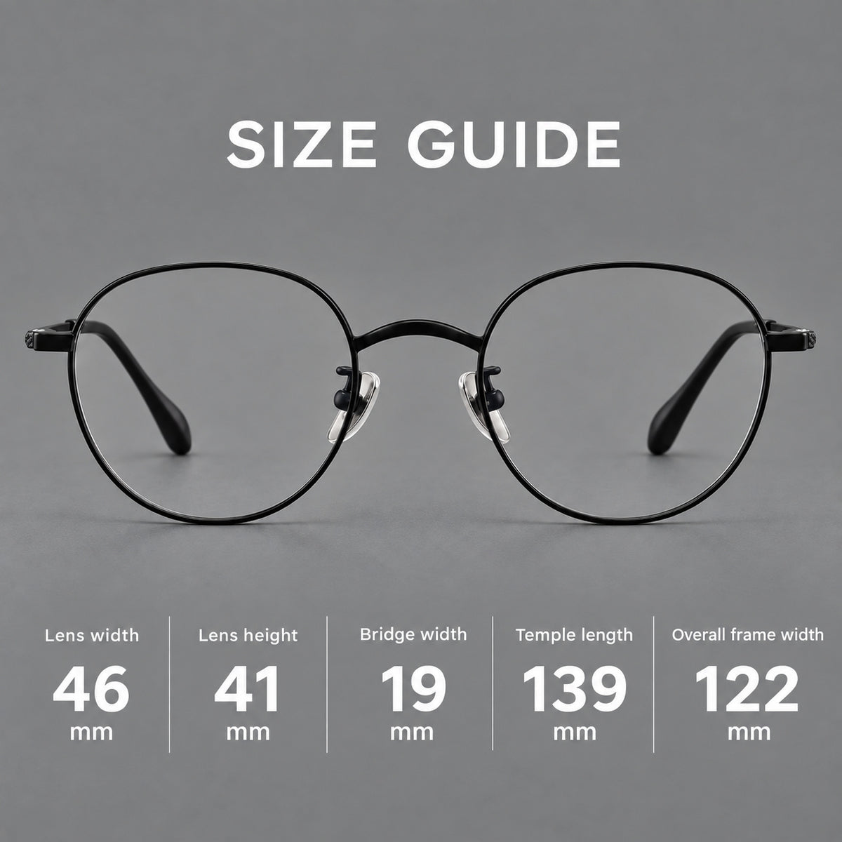 Compact round titanium glasses with an arched bridge and textured temple accents, size guide in millimetres