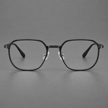 Geometric titanium glasses with flattened corners and a finely ridged bridge in Black, front view side view