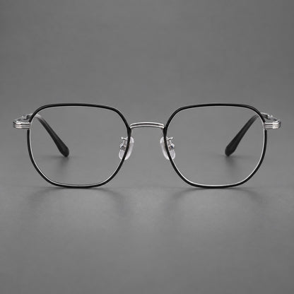 Geometric titanium glasses with flattened corners and a finely ridged bridge in Black and Silver, front view temple detail