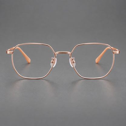 Geometric titanium glasses with flattened corners and a finely ridged bridge in Rose Gold, front view additional product view