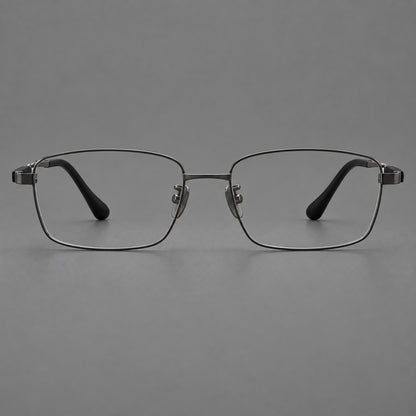 Slim rectangular titanium glasses with broad temples and contrasting dark inserts in Gunmetal, front view frame detail