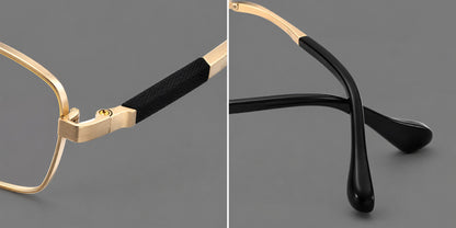 Slim rectangular titanium glasses with broad temples and contrasting dark inserts, frame details additional product view