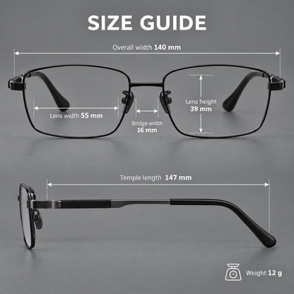 Slim rectangular titanium glasses with broad temples and contrasting dark inserts, size guide in millimetres additional product view