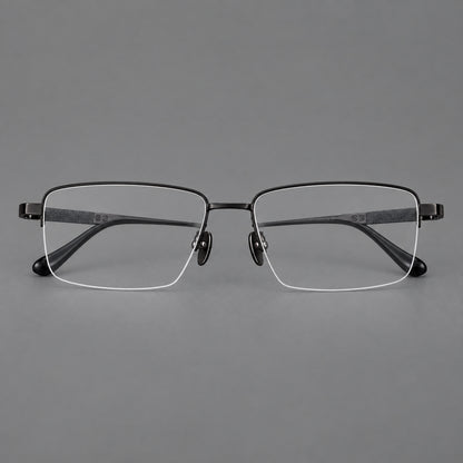 Wide half frame titanium glasses with rectangular lenses and textured temples in Black, front view side view