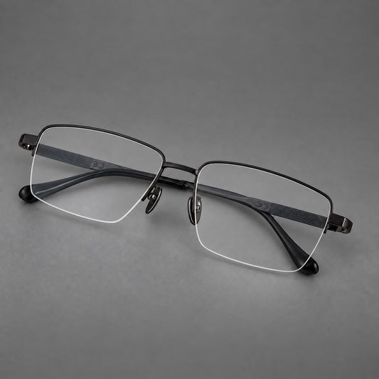 Wide half frame titanium glasses with rectangular lenses and textured temples in Black, three quarter view