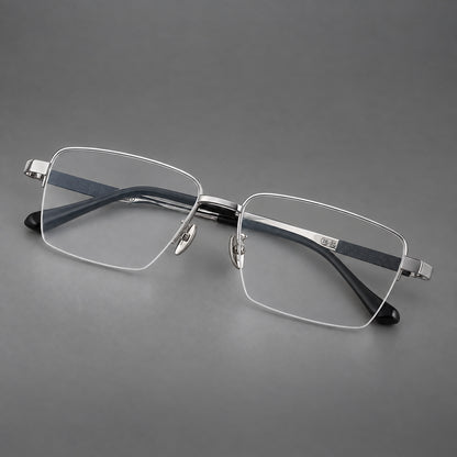 Wide half frame titanium glasses with rectangular lenses and textured temples in Silver, three quarter view additional product view