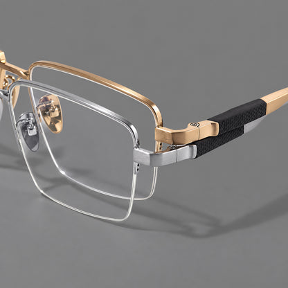 Wide half frame titanium glasses with rectangular lenses and textured temples, frame details additional product view