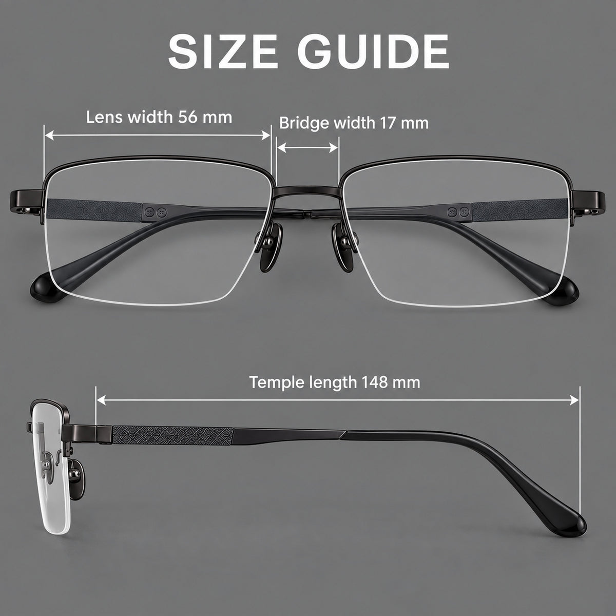 Wide half frame titanium glasses with rectangular lenses and textured temples, size guide in millimetres