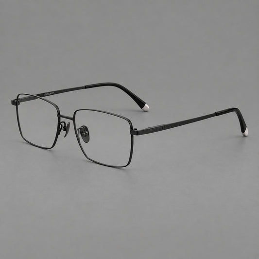 Clean rectangular titanium glasses with inset temple details and pale end accents in Black, three quarter view