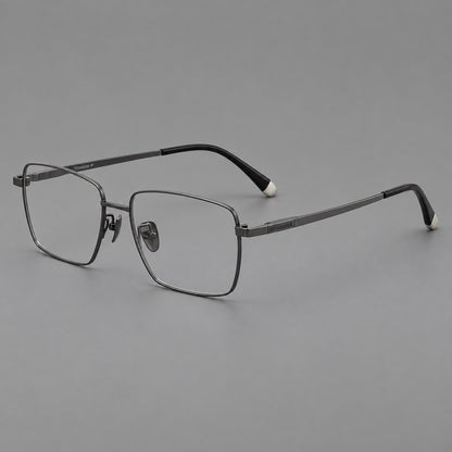 Clean rectangular titanium glasses with inset temple details and pale end accents in Gunmetal, three quarter view front view