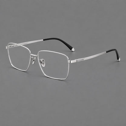 Clean rectangular titanium glasses with inset temple details and pale end accents in Silver, three quarter view lens detail