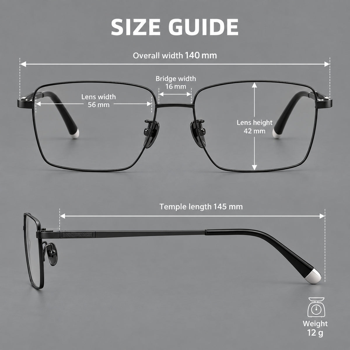 Clean rectangular titanium glasses with inset temple details and pale end accents, size guide in millimetres