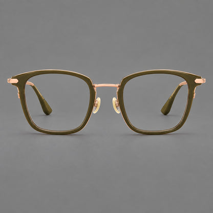 Bold square titanium glasses with a separate bridge and long metal corner accents in Olive Green and Rose Gold, front view additional product view