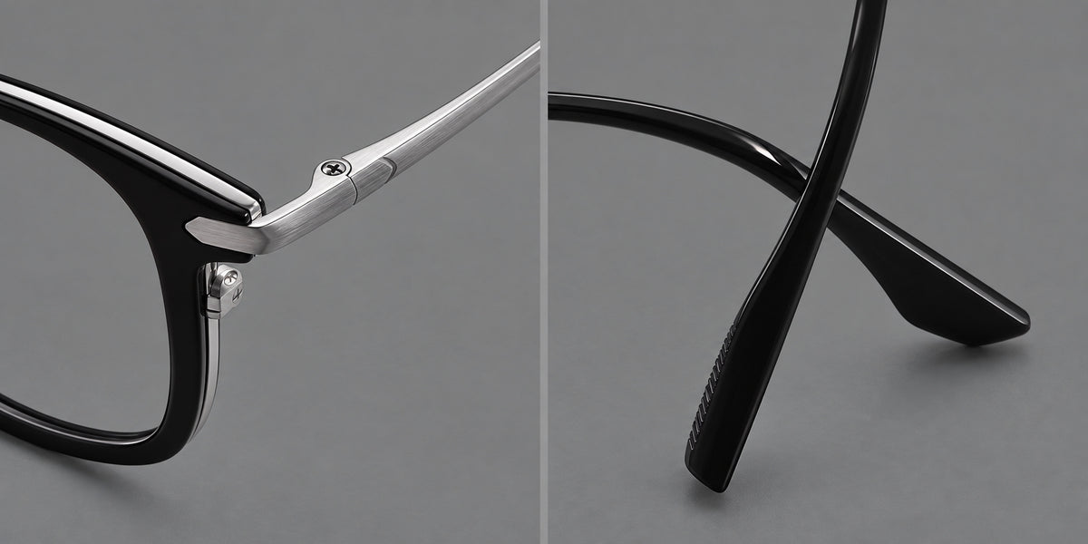 Bold square titanium glasses with a separate bridge and long metal corner accents, frame details