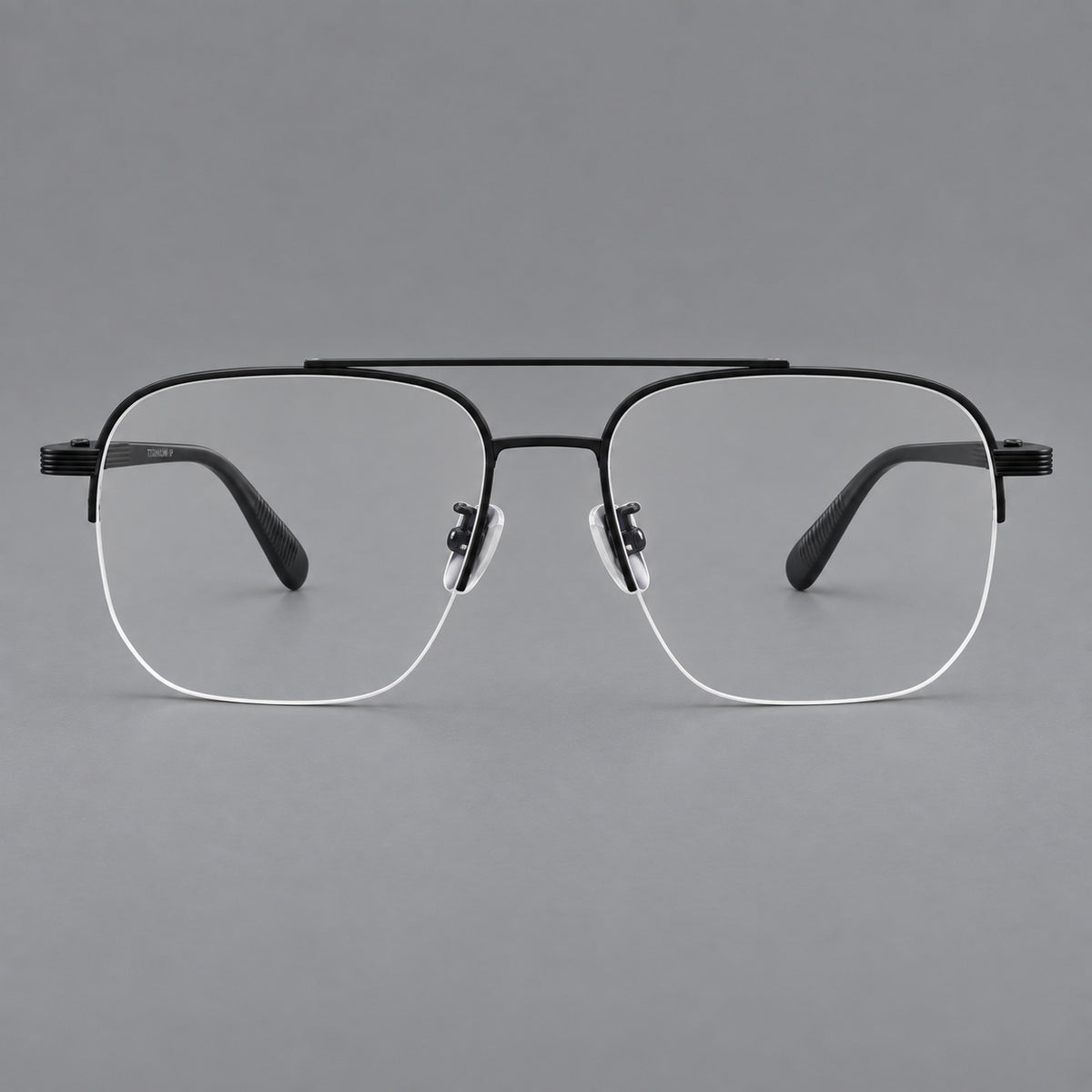 Angular aviator titanium glasses with a double bridge and an open lower rim in Matte Black, front view