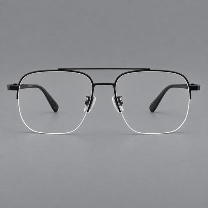 Angular aviator titanium glasses with a double bridge and an open lower rim in Matte Black, front view side view
