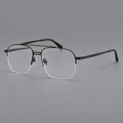 Angular aviator titanium glasses with a double bridge and an open lower rim in Matte Black, three quarter view