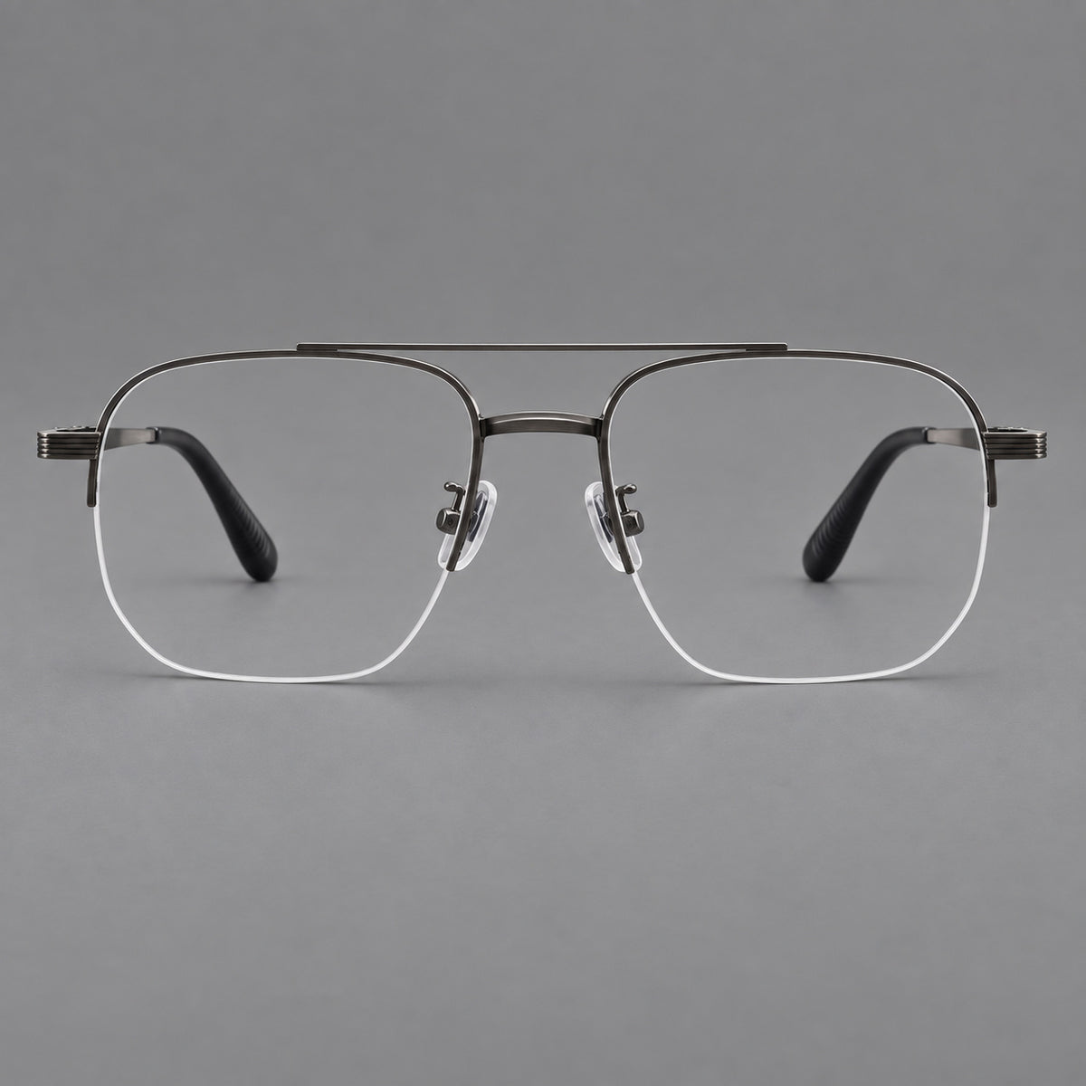 Angular aviator titanium glasses with a double bridge and an open lower rim in Gunmetal, front view