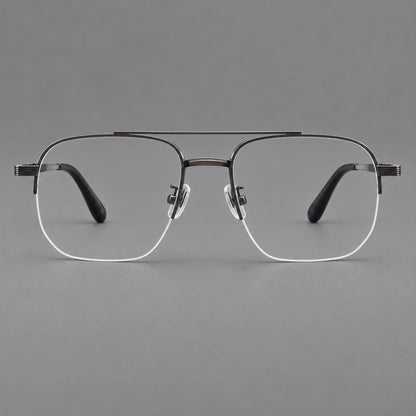 Angular aviator titanium glasses with a double bridge and an open lower rim in Gunmetal, front view frame detail