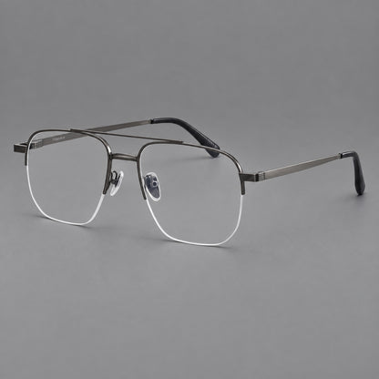 Angular aviator titanium glasses with a double bridge and an open lower rim in Gunmetal, three quarter view front view