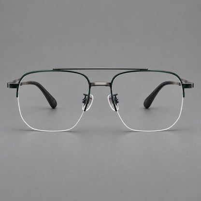 Angular aviator titanium glasses with a double bridge and an open lower rim in Dark Green and Gunmetal, front view temple detail