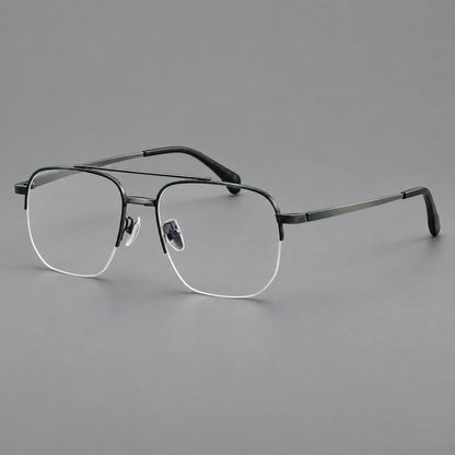 Angular aviator titanium glasses with a double bridge and an open lower rim in Dark Green and Gunmetal, three quarter view lens detail