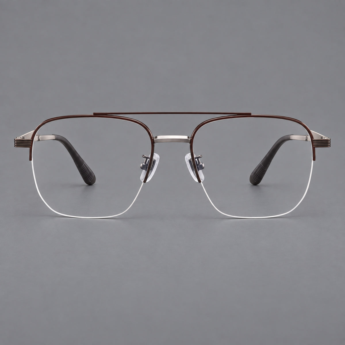 Angular aviator titanium glasses with a double bridge and an open lower rim in Brown and Silver, front view