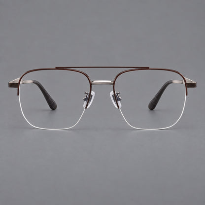 Angular aviator titanium glasses with a double bridge and an open lower rim in Brown and Silver, front view additional product view