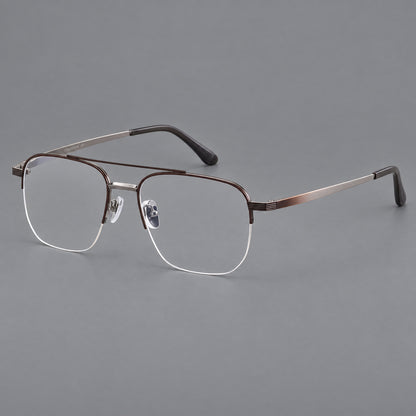 Angular aviator titanium glasses with a double bridge and an open lower rim in Brown and Silver, three quarter view additional product view