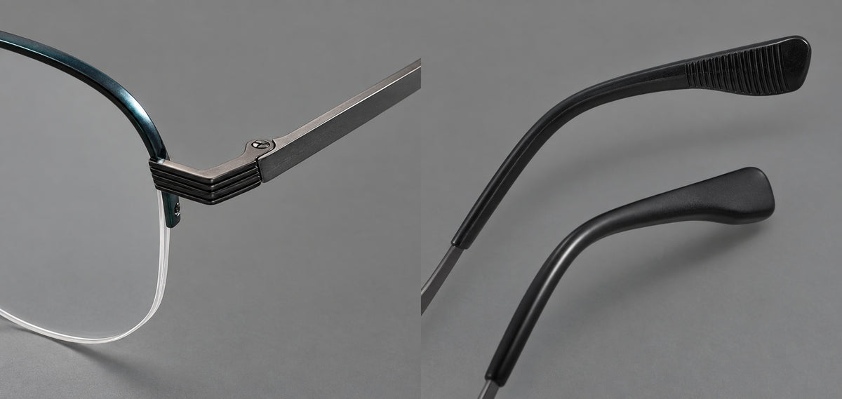 Angular aviator titanium glasses with a double bridge and an open lower rim, frame details