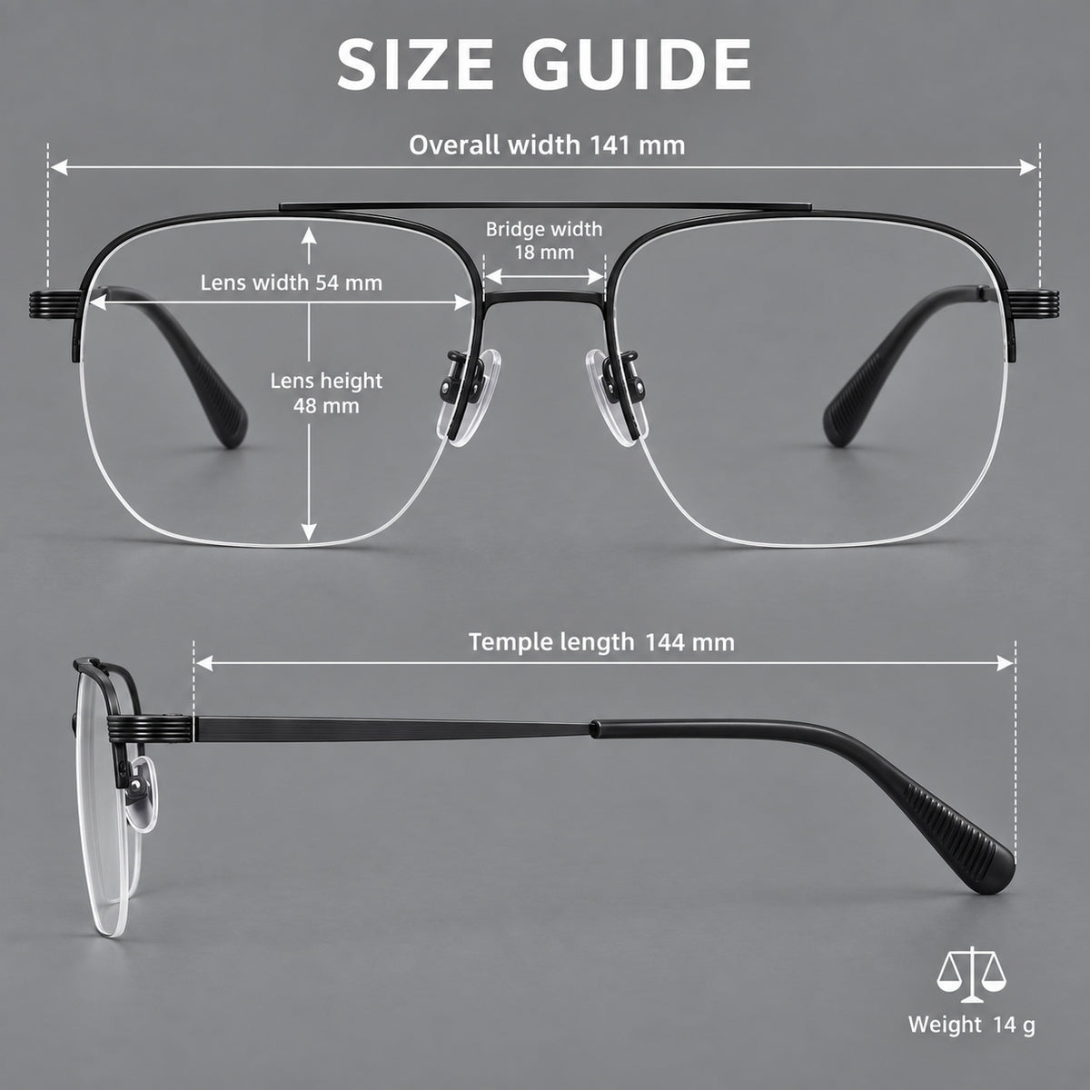 Angular aviator titanium glasses with a double bridge and an open lower rim, size guide in millimetres