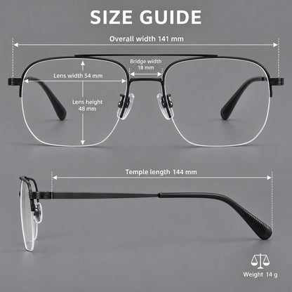 Angular aviator titanium glasses with a double bridge and an open lower rim, size guide in millimetres additional product view