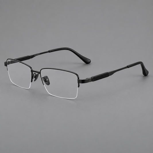 Modern half frame titanium glasses with a narrow bridge and dark temple sections in Black, three quarter view