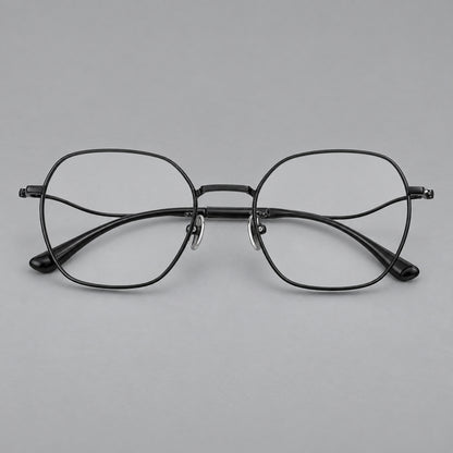 Geometric titanium glasses with engraved rim edges and curved temple joins in Black, front view side view