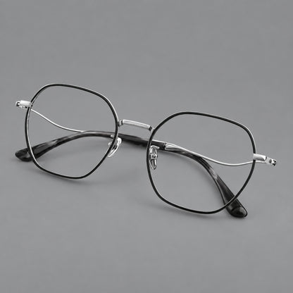 Geometric titanium glasses with engraved rim edges and curved temple joins in Black and Silver, three quarter view front view