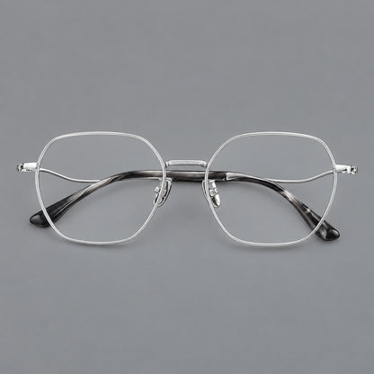 Geometric titanium glasses with engraved rim edges and curved temple joins in Silver, front view additional product view