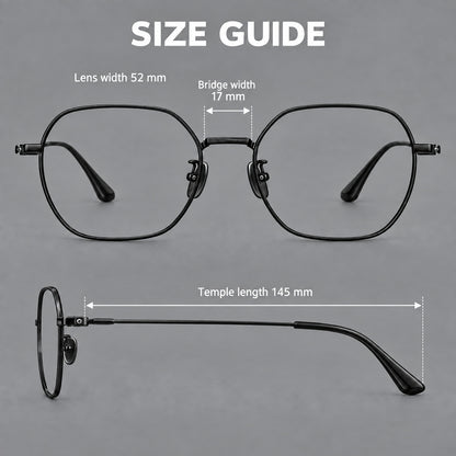 Geometric titanium glasses with engraved rim edges and curved temple joins, size guide in millimetres additional product view