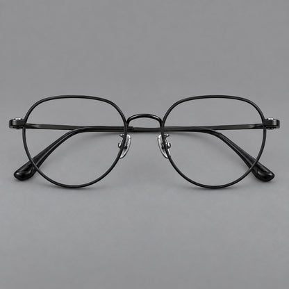 Classic panto titanium glasses with a curved bridge and slim straight temples in Black, front view side view