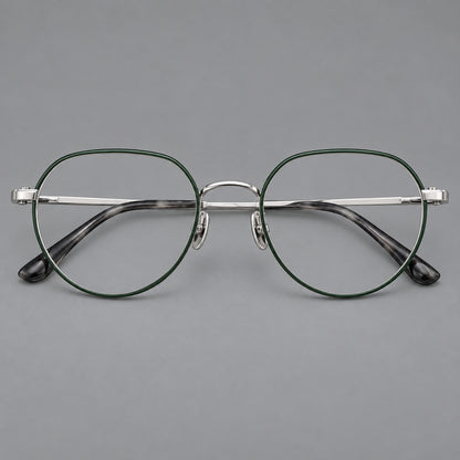 Classic panto titanium glasses with a curved bridge and slim straight temples in Dark Green and Silver, front view frame detail
