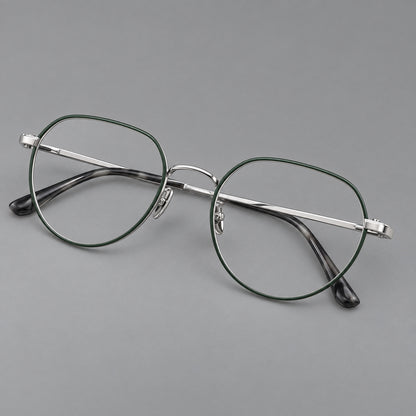 Classic panto titanium glasses with a curved bridge and slim straight temples in Dark Green and Silver, three quarter view front view