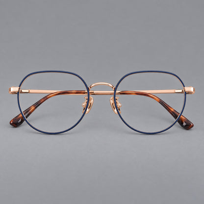 Classic panto titanium glasses with a curved bridge and slim straight temples in Blue and Rose Gold, front view temple detail