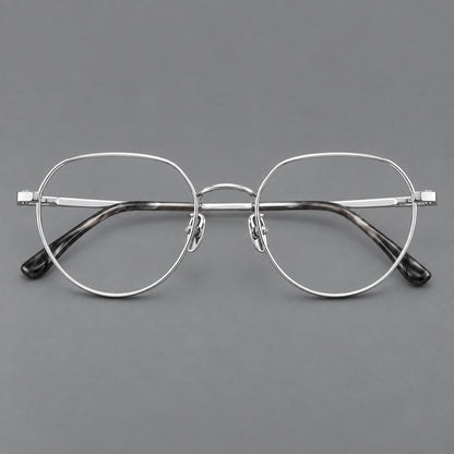 Classic panto titanium glasses with a curved bridge and slim straight temples in Silver, front view additional product view